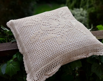 Vintage Decorative Pillowcase - Crochet Lace Pillow Cover - Beige Cushion Cover - Bed Decoration - Retro or Rustic Style Home Decor