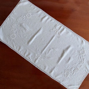 Vintage Table Runner - Long Linen Napkin with Embroidery - White Canvas Table Runner - Table Decoration - Retro Style Home Decoration