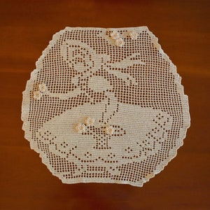 Crochet Doily - Filet Lace Doily - Original Lace Decoration - Beige Doily with Convex Elements - Retro Home Decoration