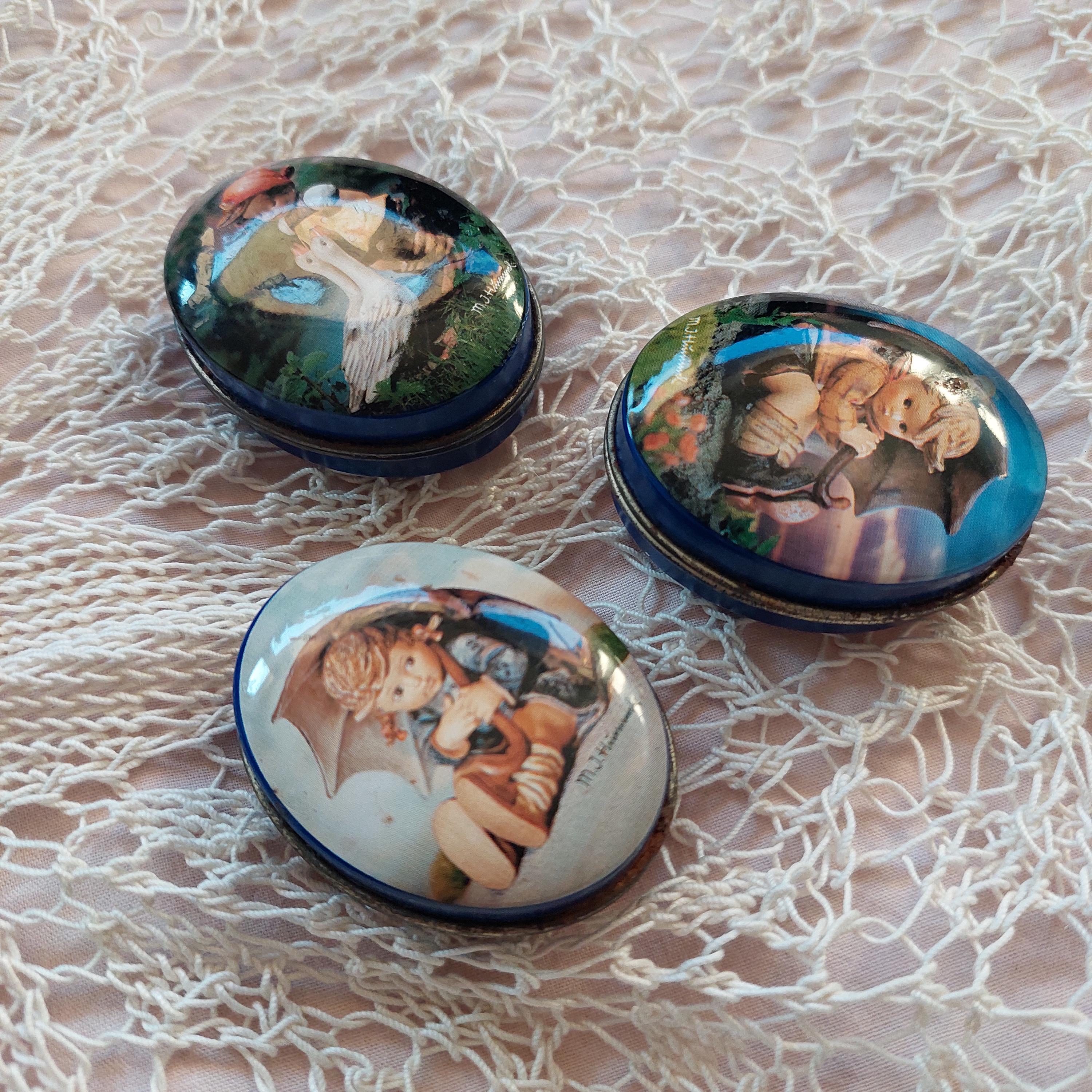Vintage Enamel Pill Boxes: Set of Three Decorative Brass Trinket