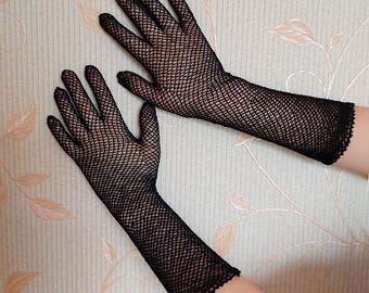 Guantes de encaje vintage: ganchillo, algodón, negros, talla S/M