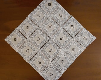 Vintage Crochet Linen Tablecloth: Handmade Beige Cotton, 29.5" Square