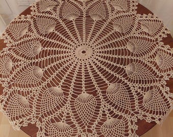 Vintage Crochet Tablecloth: Round Beige Table Decoration (28" dia)