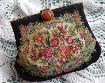 Vintage Tapestry Handbag - Granny's Evening Purse - Floral Pattern Embroidery Small Bag - Decorative Garment Accessory