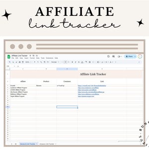 May include: A screenshot of a Google Sheet titled "Affiliate Link Tracker". The sheet has columns for affiliate, product, commission, and link. The sheet is filled with affiliate links and other information.