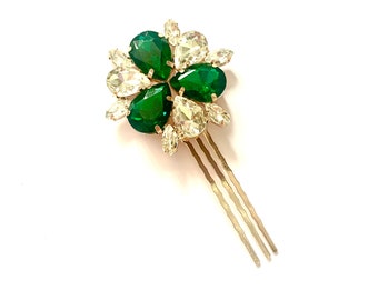 Decorative emerald green hair comb for wedding | dark green and gold crystal wedding hair clip | green and gold crystal bridal hair piece