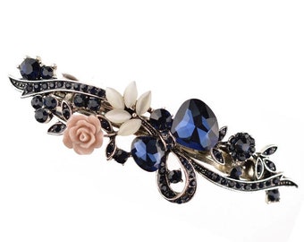 Sapphire blue rhinestone hair clip, antique silver hair barrette, wedding navy crystal floral hairslide, bridesmaid guest hairpin, gift idea