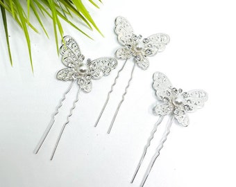 Butterfly pearl crystal pearl hair pin | silver bride hair piece hair | wedding hair accessories | flower girl guest