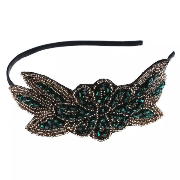 Emerald Green Crystal Bead Hair Band | Great Gatsby 1920s Themed Bridal Flapper | Dark Green Wedding Hair Piece | Wedding Headband