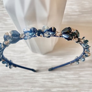 Blue crystal wedding  headband, blue with gold crystal gem headband for bridesmaids flowergirl, hair accessories, gift idea