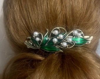 Antique gold and green floral hair clip with pearls, green and gold french barrette, wedding hairslide, hair accessories, hair clasp