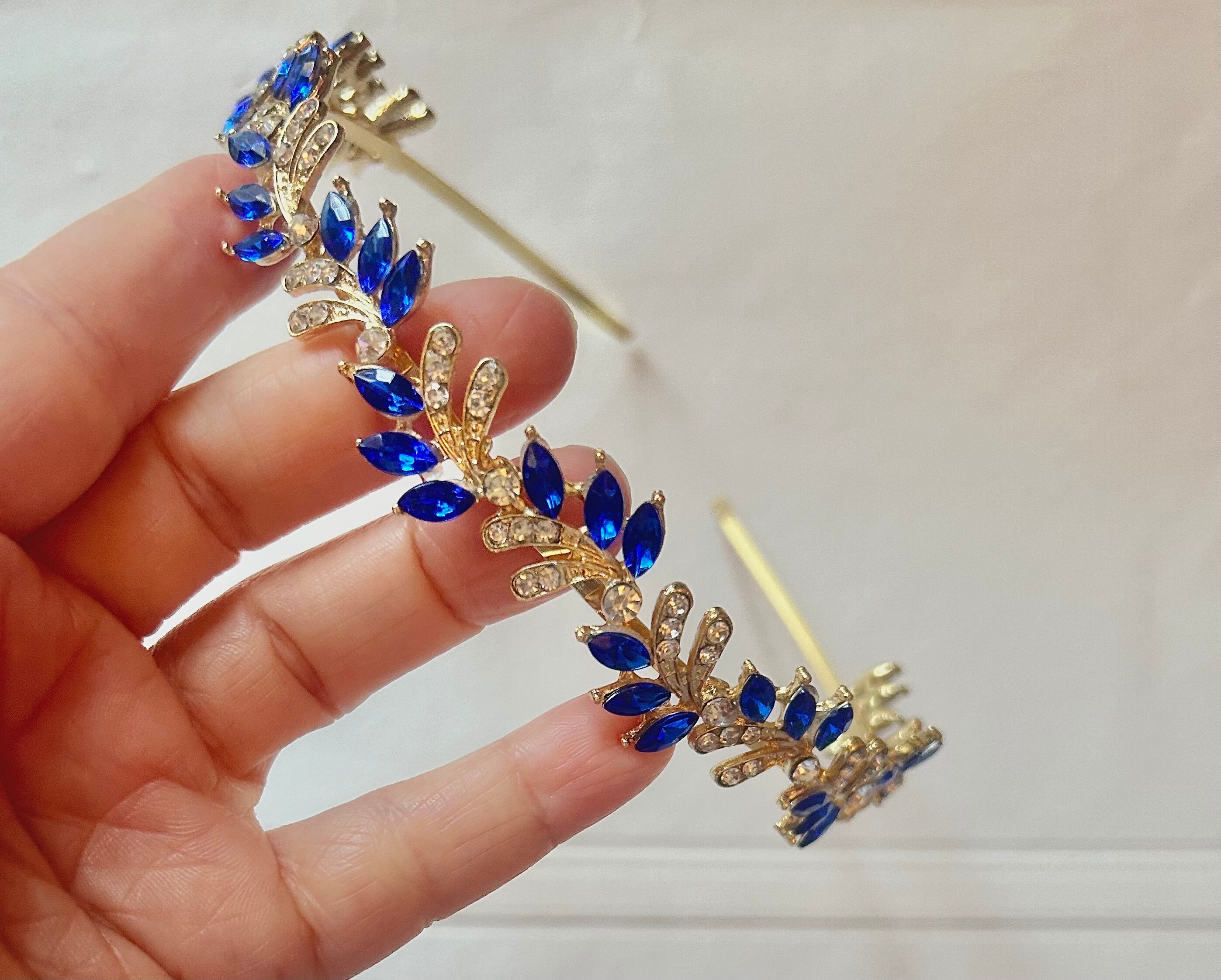 Royal Blue and Gold Rhinestone Headband Wedding Blue Gold Crystal