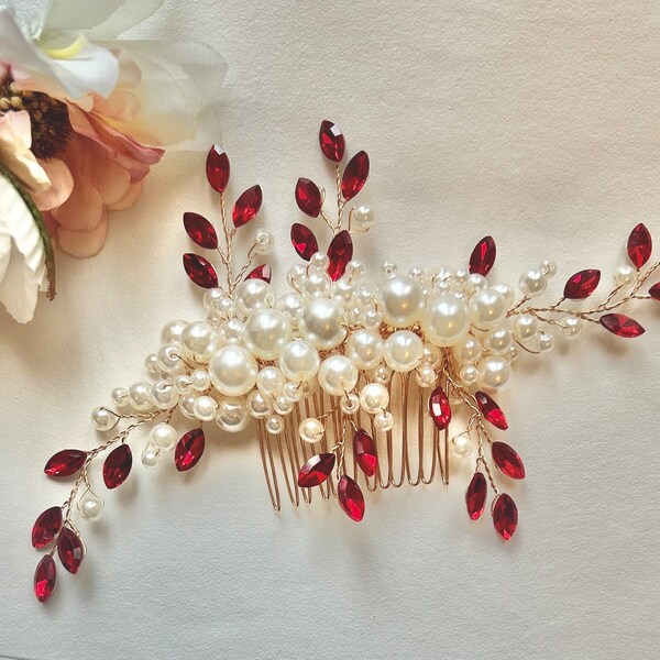 Ruby red crystal and ivory pearl hair comb, wedding vibrant red and gold hairslide, bridal bride hairpin, hair accessories