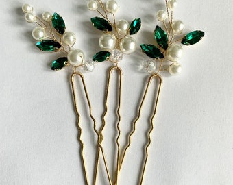 Green crystal and pearl hair pins | Pearl bridal headpiece | 3 pearl wedding hair pins | Dark green and ivory pearl hair pins, Gold hairpins