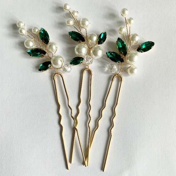 Green crystal and pearl hair pins | Pearl bridal headpiece | 3 pearl wedding hair pins | Dark green and ivory pearl hair pins, Gold hairpins