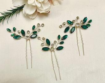 Green Rhinestones Hair Pins | Bridal Sparkly Dark Green and  Silver Hair Clips | 3 PCS Wedding Emerald Hair Slides | Hair Accessories