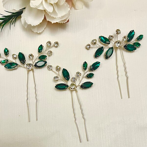 Green Rhinestones Hair Pins | Bridal Sparkly Dark Green and  Silver Hair Clips | 3 PCS Wedding Emerald Hair Slides | Hair Accessories