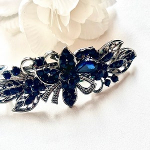 Wedding antique silver navy blue crystal hair barrette, bridal bridesmaid dark blue hairslide, hair clip, something blue, gift for her zdjęcie 2