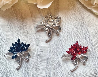 Small Silver Flower Rhinestones Brooch Pin | Sparkly Crystal Coat Jacket Pin | Blue Red Clear Rhinestone Wedding Brooch Pin | Gift Idea