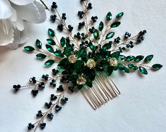 Wedding Emerald Rhinestone Hair Comb | Bridal Dark Green Crystal Hairslide | Bridesmaid Green Gold Hair Clip | Hair Accessories