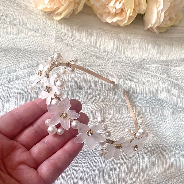 Wedding Flower Pearl Headband | Flower Pearls On Gold Hair Band | Wedding Gold Pearl Floral Hairband | Silver Hairpiece | Hair Accessories