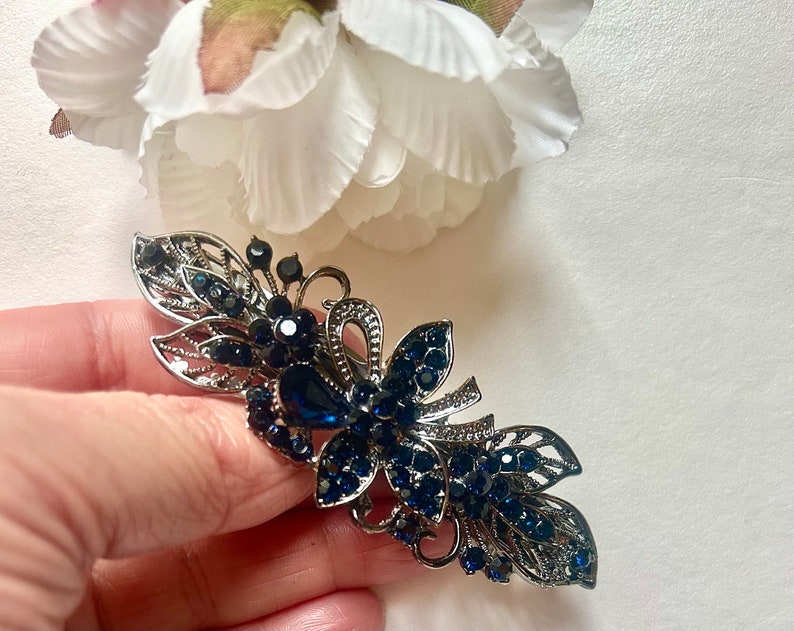 Wedding antique silver navy blue crystal hair barrette, bridal bridesmaid dark blue hairslide, hair clip, something blue, gift for her zdjęcie 6