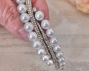 Wedding Silver Rhinestone Pearl French Barrette | Bridal Sparkling Silver Crystal Pearl Hair Clip | Silver Hair Accessories