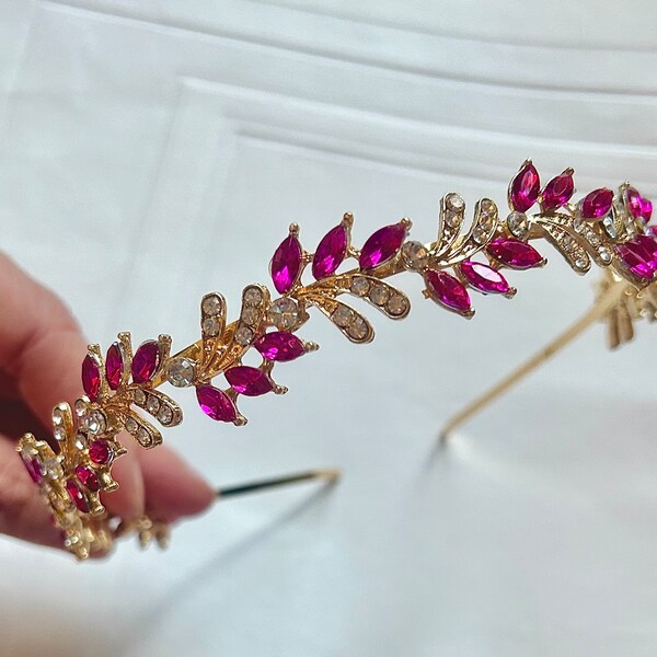 Bright Pink and Gold Rhinestone Headband | Bridal Sparkly Pink Gold Hairband | Wedding Fuchsia and Crystal Headband | Hair Accessory