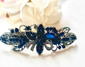 Wedding antique silver navy blue crystal hair barrette, bridal  bridesmaid dark blue hairslide, hair clip, something blue, gift for her