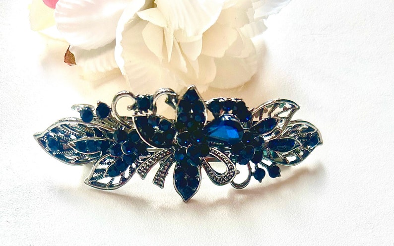 Wedding antique silver navy blue crystal hair barrette, bridal bridesmaid dark blue hairslide, hair clip, something blue, gift for her zdjęcie 1