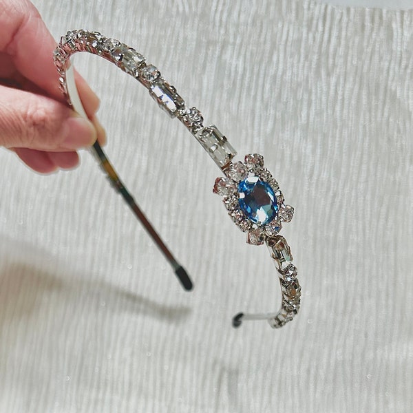 Baby blue and silver emblished rhinestone headband, bridal bridesmaid flower girl pale blue silver tiara, wedding hair jewellery
