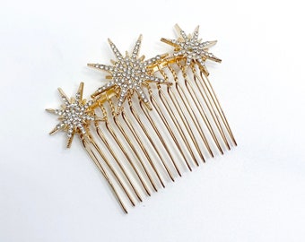 Wedding Gold Star Hair Comb | Bridal Sparkly Rhinestone Gold Star Hair Clip | Hair Pin |  Celestial Gold Star Hair Slide | Hair Accessories