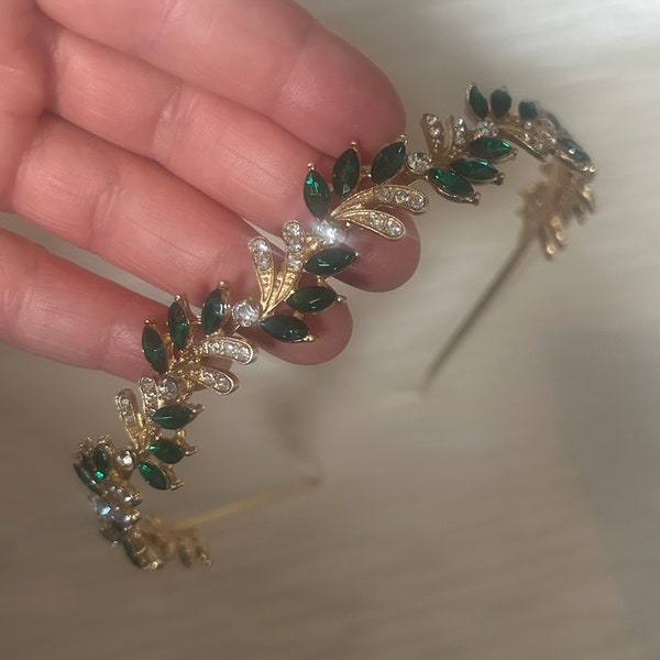 Dark Green Rhinestone Headband | Wedding Green Gold Crystal Headband | Bridal Sparkly Green Gold Crystal Headband | Hair Accessories