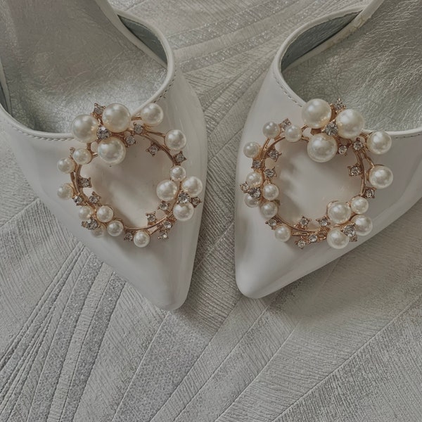 2 pinces à chaussures mariage ivoire perle or strass | Décorations de chaussures en perles| amovibles pour chaussures | Clips pour chaussures Occasios (1 paire)