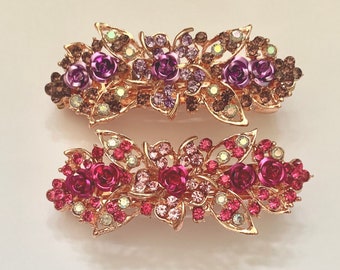 Pink and purple crystal hair clip, floraly  wedding hair barrette, bridal hairslide, bridesmaid pink and purple metal hair accessories