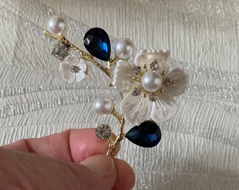 Navy Blue Crystal Gold Brooch Pin | White Flower And Sapphire Crystal Pearl Brooch Pin | Wedding Day Brooch Pin Accessory Gift Idea For Her