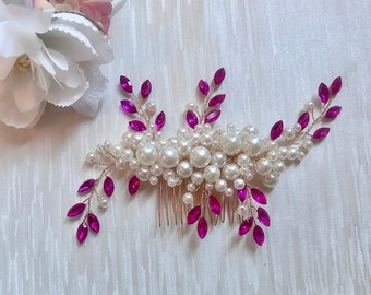 Ivory Pearls Bright Pink Rhinestones Hair Comb | Wedding Fuschia Crystal on Gold Hairslide | Bridal Pink Gold Hair Pin | Hair Accessories