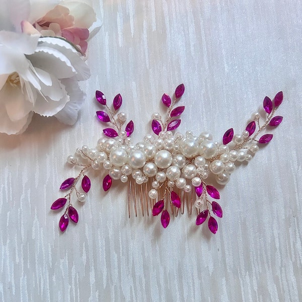 Ivory Pearls Bright Pink Rhinestones Hair Comb | Wedding Fuschia Crystal on Gold Hairslide | Bridal Pink Gold Hair Pin | Hair Accessories