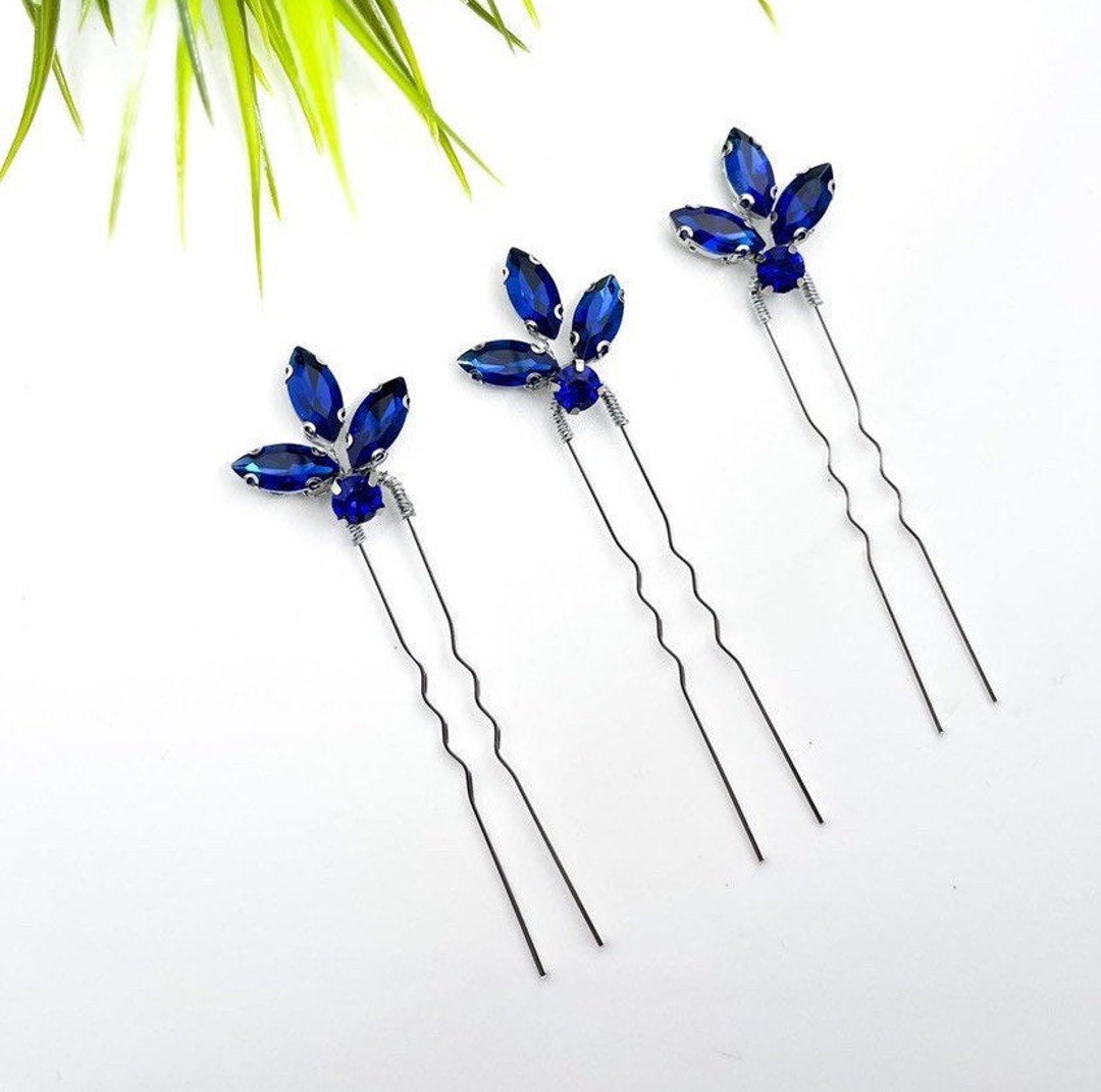 Sapphire Blue Rhinestone Hair Pins, Bridal Bridesmaid Dark Blue Crystal
