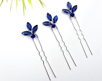Sapphire blue rhinestone hair pins, bridal bridesmaid dark blue crystal hair clips, hair jewellery, set of 3 navy blue wedding hair slides