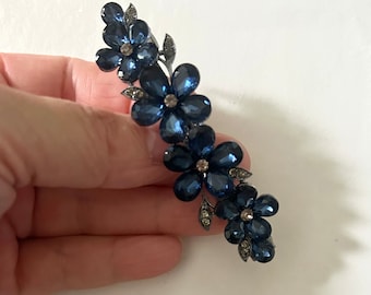 Sapphire crystal hair clip, bridal bridesmaid dark blue vintage floral barrette, wedding navy and black metal hairslide, hair accessories