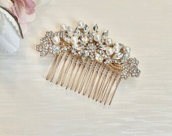 Gold rhinestones pearls hair comb, wedding hair slide, bridal bridesmaid hair clip, hair accessories
