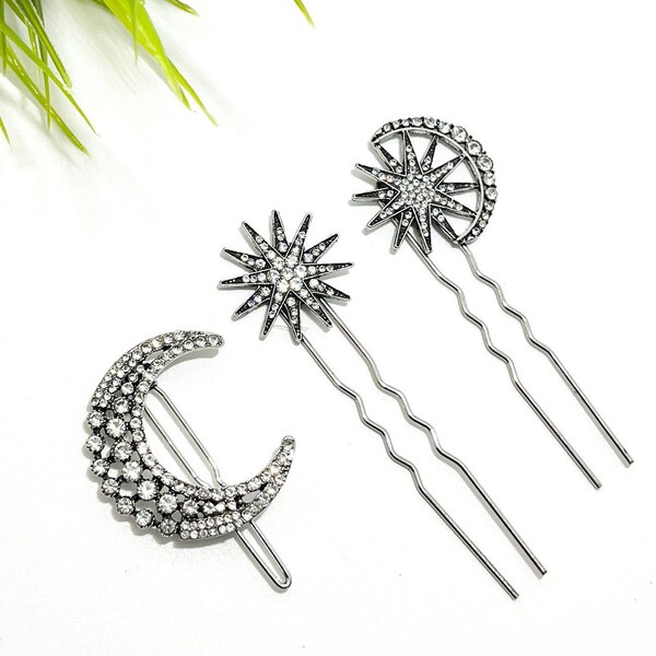 Ancient silver celestial star and moon hair pins | bridal star and crescent moon hair pins | 3 pcs sparkling silver celestial hair clips