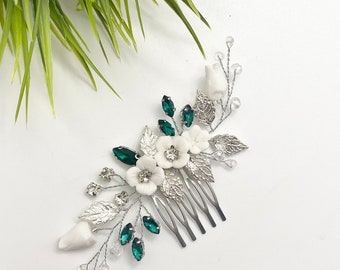 Dark green rhinestone and white flower on silver hair comb, bridal bridesmaid hairslide, wedding hair vine, hair accessories