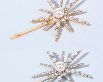 Celestial star hair clips | bridal silver or gold sparkling diamanté slides | pearl barrette | women girl hair accessories