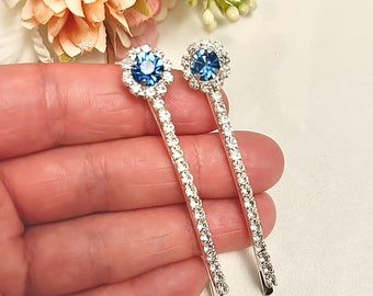 2 x royal blue silver  crystal hair clips, light blue bridesmaid sparkly hairslides, wedding hairpins bobby pins barrettes, hair accessories