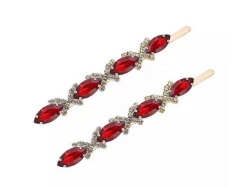 Ruby red crystal clips | bright red and gold hair slides | hair accessories | sparkling gold diamanté barrettes | gift for her | set of two