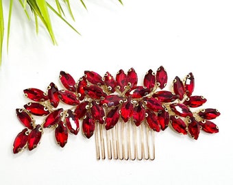 Decorative red hair comb, wedding bright red crystal hair slide, bridal bridesmaid red and gold hair piece, hair accessory