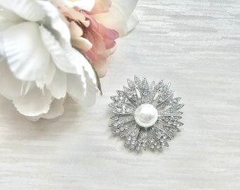 Decorative Silver Pearl Brooch Pin | Bridal Silver Pearl Brooch Pin | Wedding Silver Pearl Brooch Clip | Silver Pearl Crystal Brooch Clip