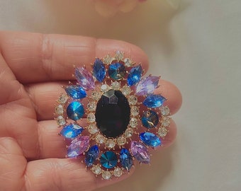 Elegant colourful crystal brooches pin,  sparkling purple blue gold brooches pin, wedding brooches, gift idea